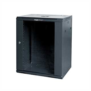 Rack a parete 12 unità 600x450x640 con 1 ventola e 4 montanti, laterali removibili, colore nero