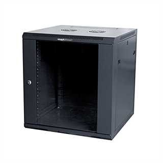 Rack a parete 12 unità 600x600x640 con 2 ventole e 4 montanti, laterali removibili, colore nero