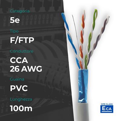 Matassa FTP Cat5e CCA 0,45mm, 100 metri, 26 AWG, con certificazione CPR, materiale PVC, colore grigio
